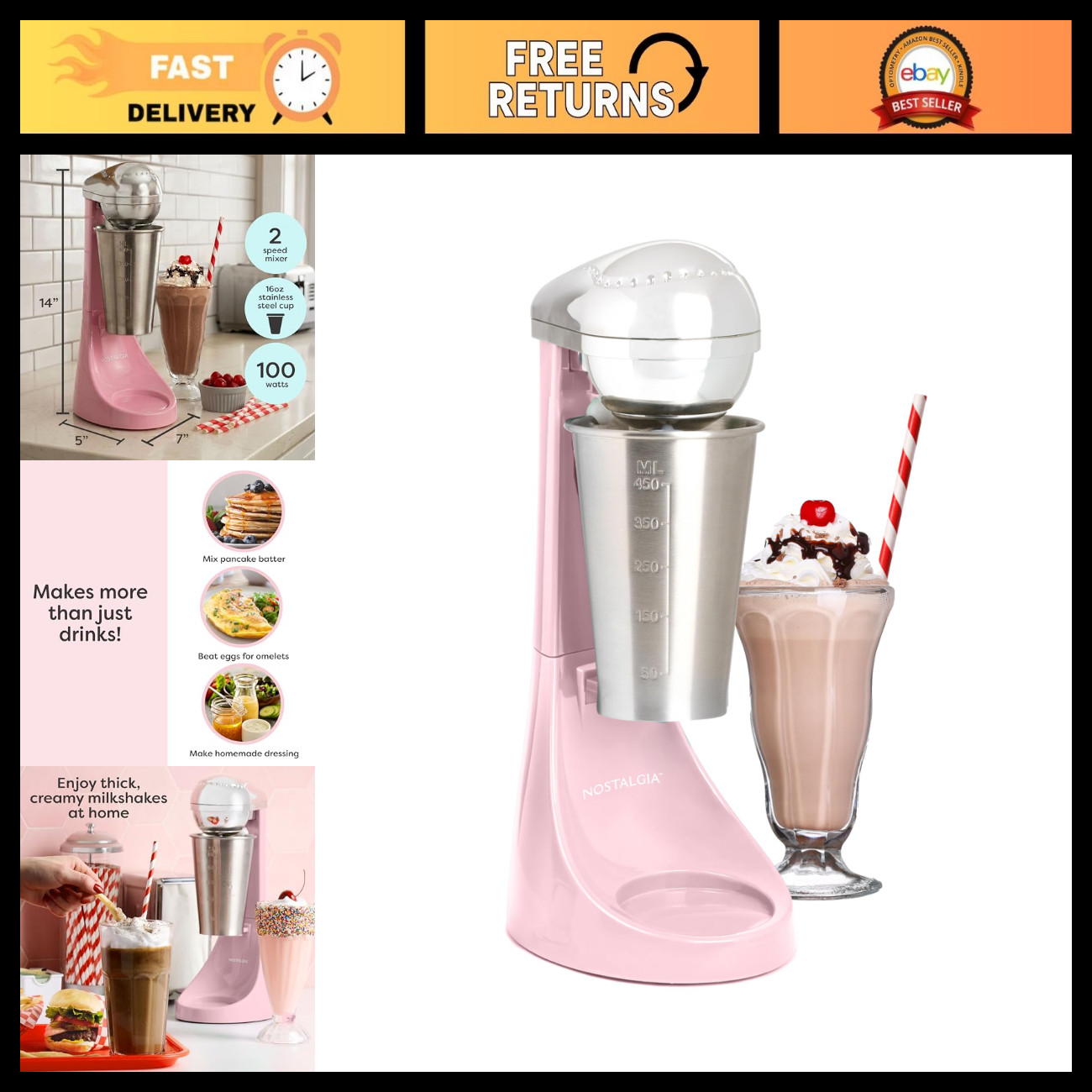Electric Milkshake Maker & Drink Mixer - 2-Speed, 16oz Stainless Steel Cup, Pink Electric Milkshake Maker & Drink Mixer - 2-Speed, 16oz Stainless Steel Cup, Pink