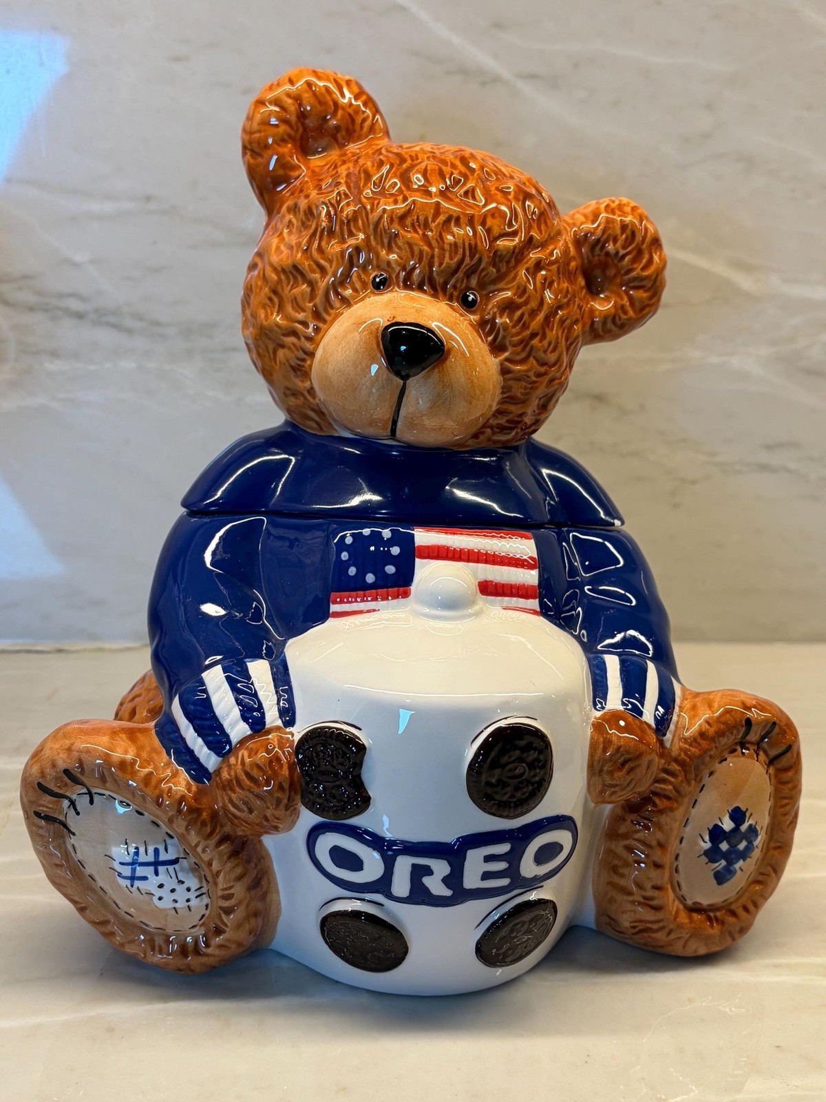 Oreo Teddy Bear Cookie Jar 2002 Sixth in Series Patriotic Americana Flag Sweater