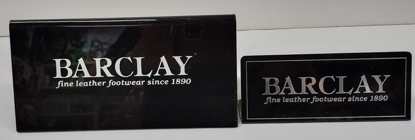 LOT OF 2 VINTAGE ADVERTISING STORE DISPLAY SIGNS FOR BARCLAY SHOES FINE LEATHER