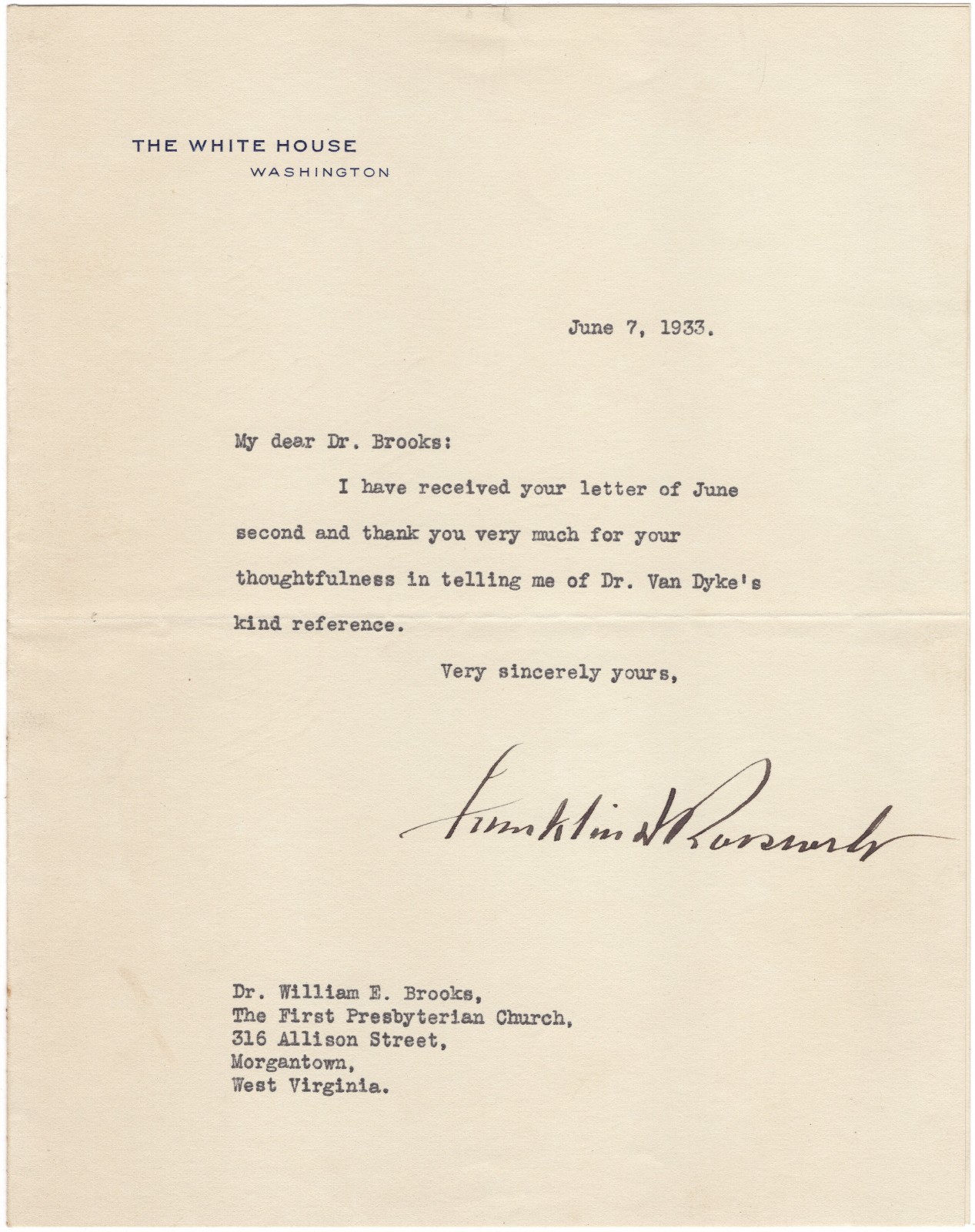 Franklin D Roosevelt - June 1933 Letter Signed - On Death of Henry Van Dyke, Jr. Franklin D Roosevelt - June 1933 Letter Signed - On Death of Henry Van Dyke, Jr.