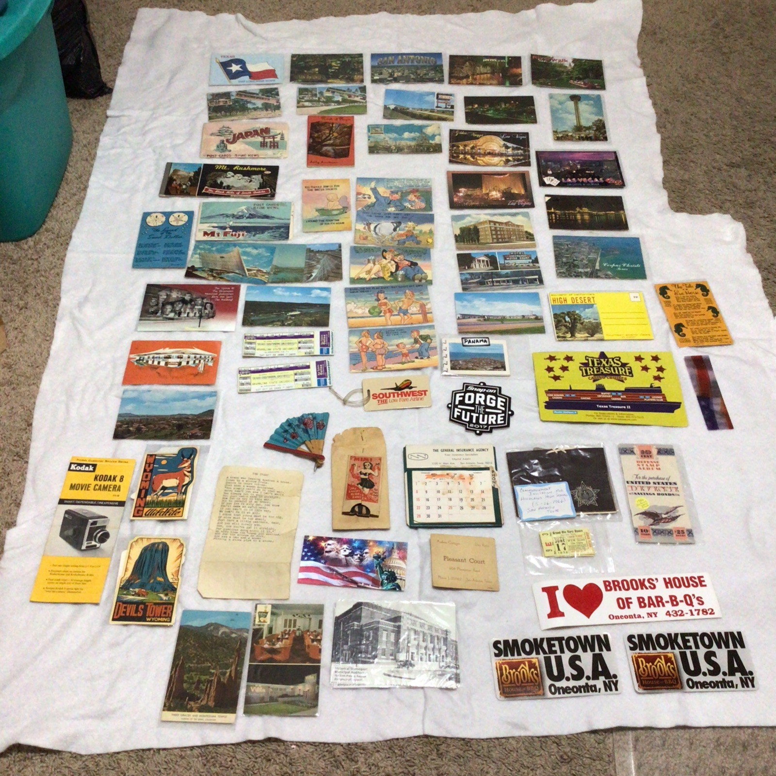 Vintage Mixed Paper Ephemera Lot: Postcards, Tickets, Stickers, Ads, Brochures