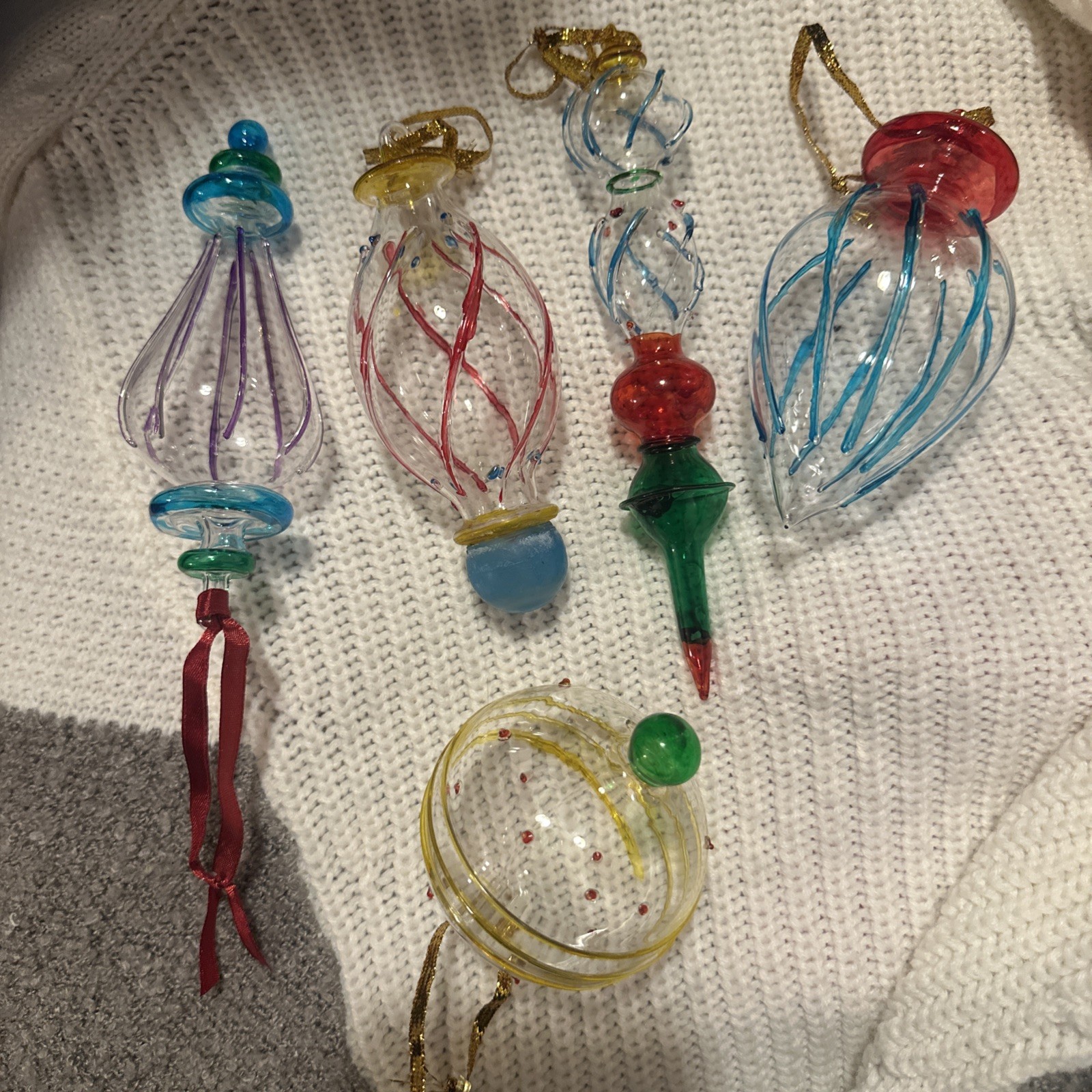 Vintage Set Of 5 Unique Shaped Multi Color Hand blown Glass Christmas Ornaments 