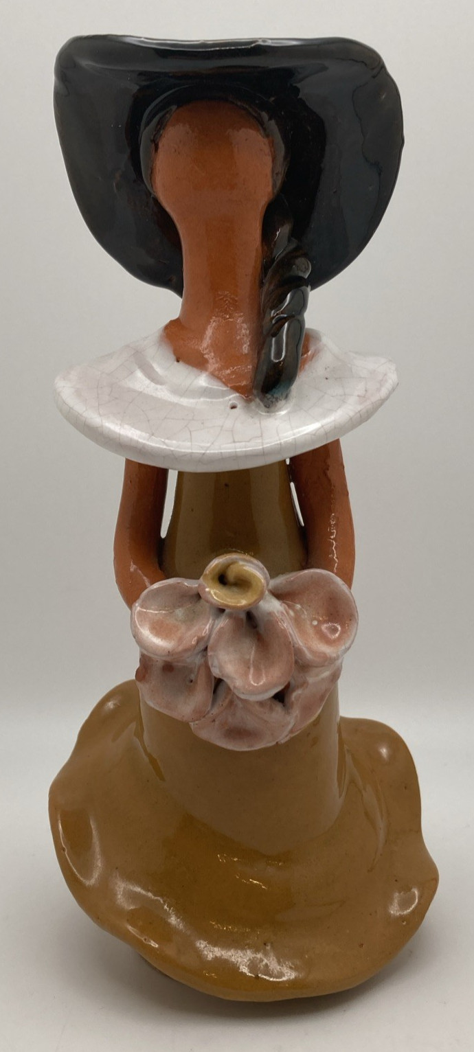 Faceless Terracotta Lady In Brown Ruffled Dress Flower Bouquet Pottery Figure 7