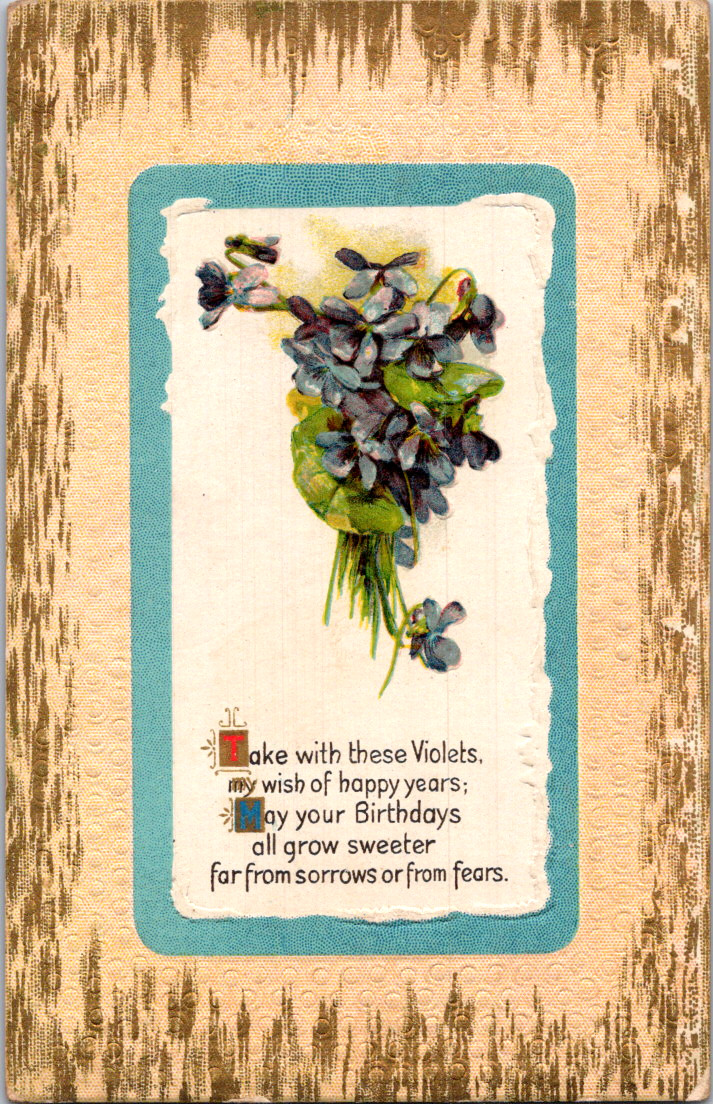 Vintage Postcard  Birthday Poem Violets Embossed Gold Border