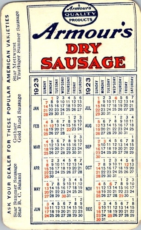 1923 Armour\'s Dry Sausage Promo Calendar Ad Card Meat Economy 1923 Armour\'s Dry Sausage Promo Calendar Ad Card Meat Economy