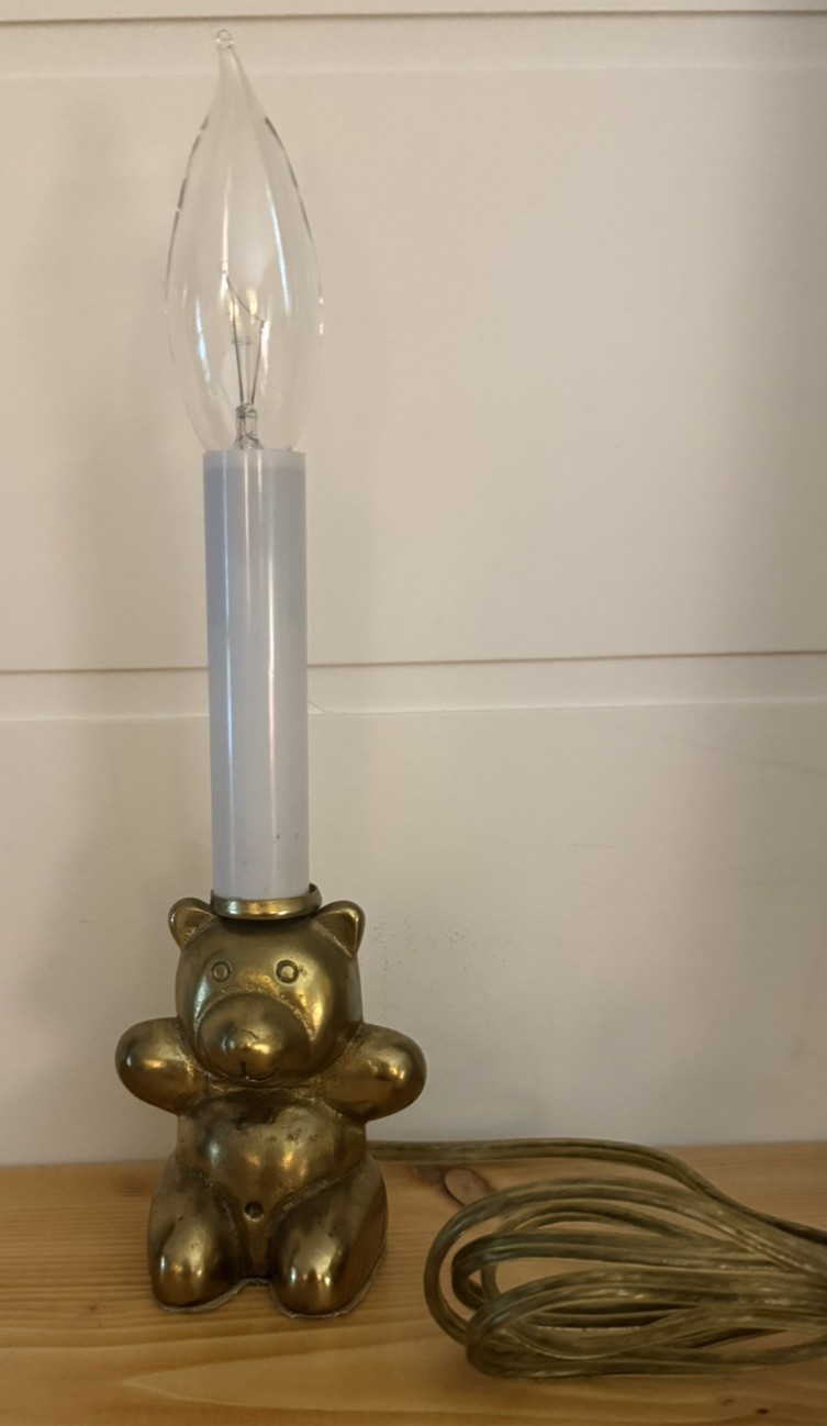 Vintage Brass Electric Candle Nightlight Teddy Bear Approx 9” Nursery Lamp Works