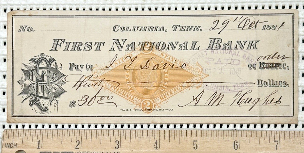 Antique 1881 First National Bank Columbia Tennessee Cancelled Bank Check