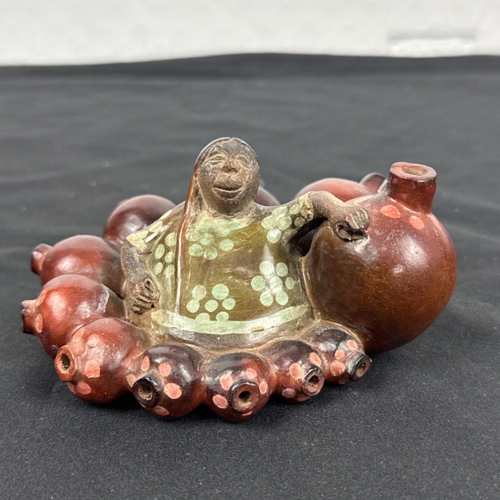 Vintage Chulucanas Peruvian Pottery Woman Surrounded By 11 Jugs Signed