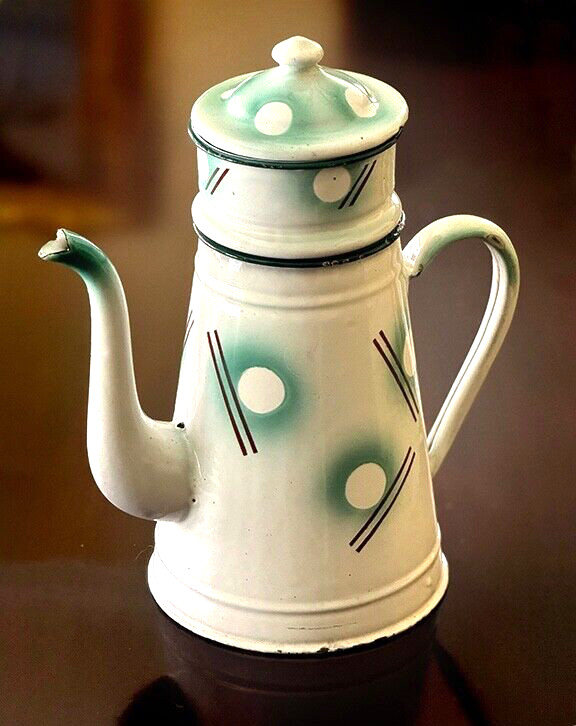 Cool French Enamelware Coffee Pot Deco Pattern Near Mint Cool French Enamelware Coffee Pot Deco Pattern Near Mint