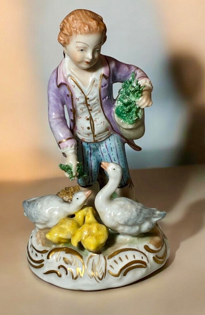 Vintage Dresden Potschappel Porcelain Figure Boy Feeding Ducks Geese 5\