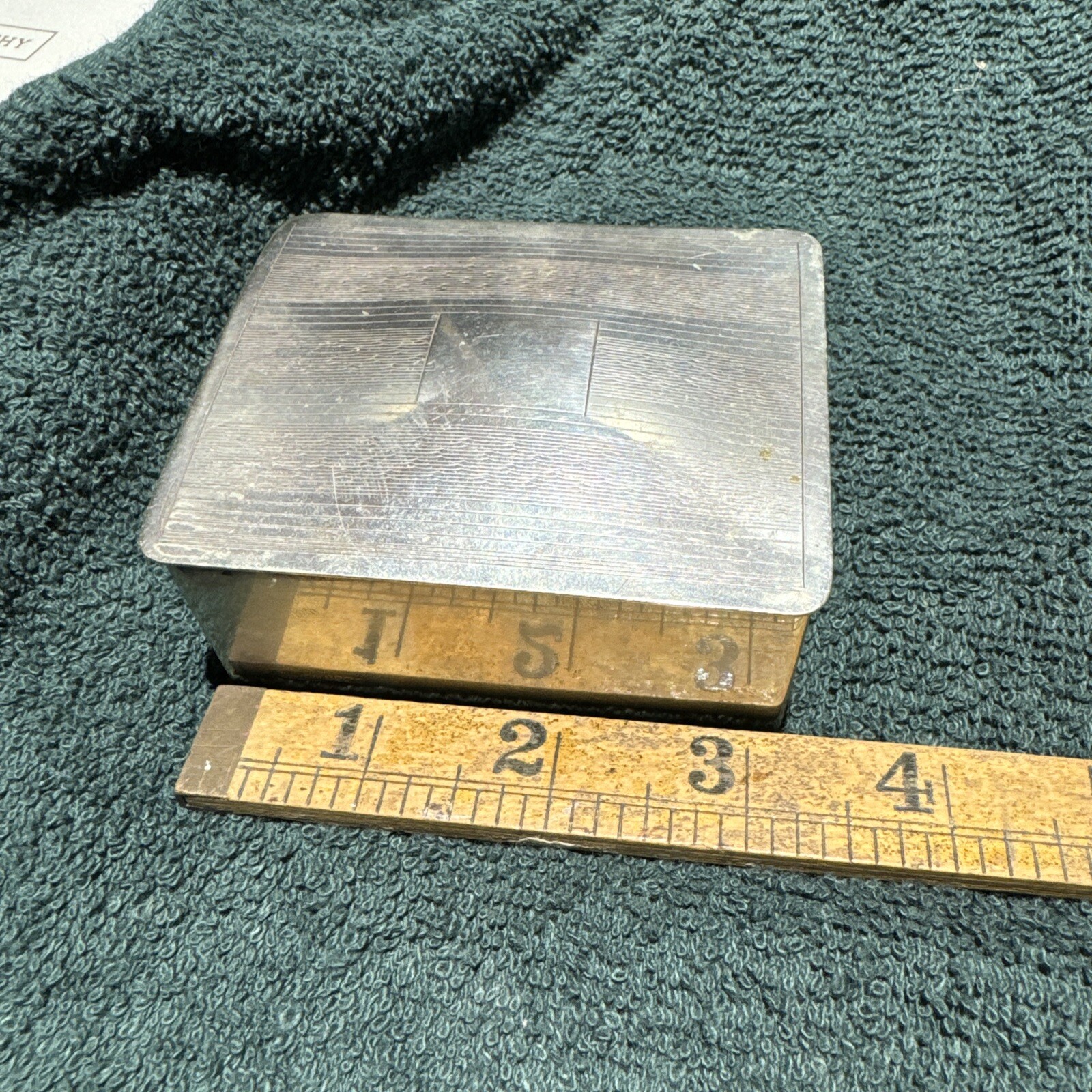 Old Brass Handcrafted Inlay Engraved Small Jewellery Box Faux Wood Lining.