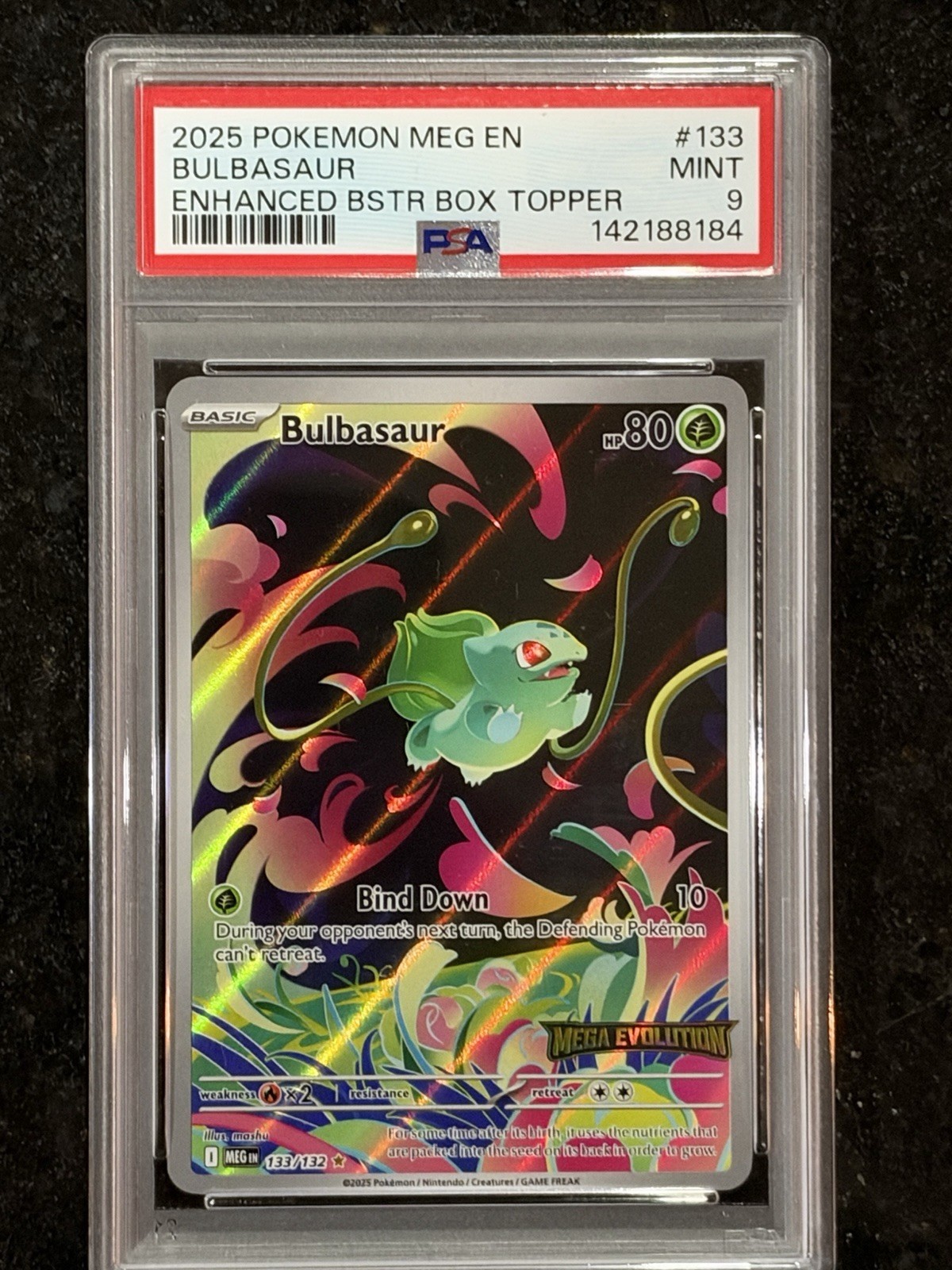 Pokémon TCG Bulbasaur 133/132 Mega Evolution Stamped Holo PSA 9