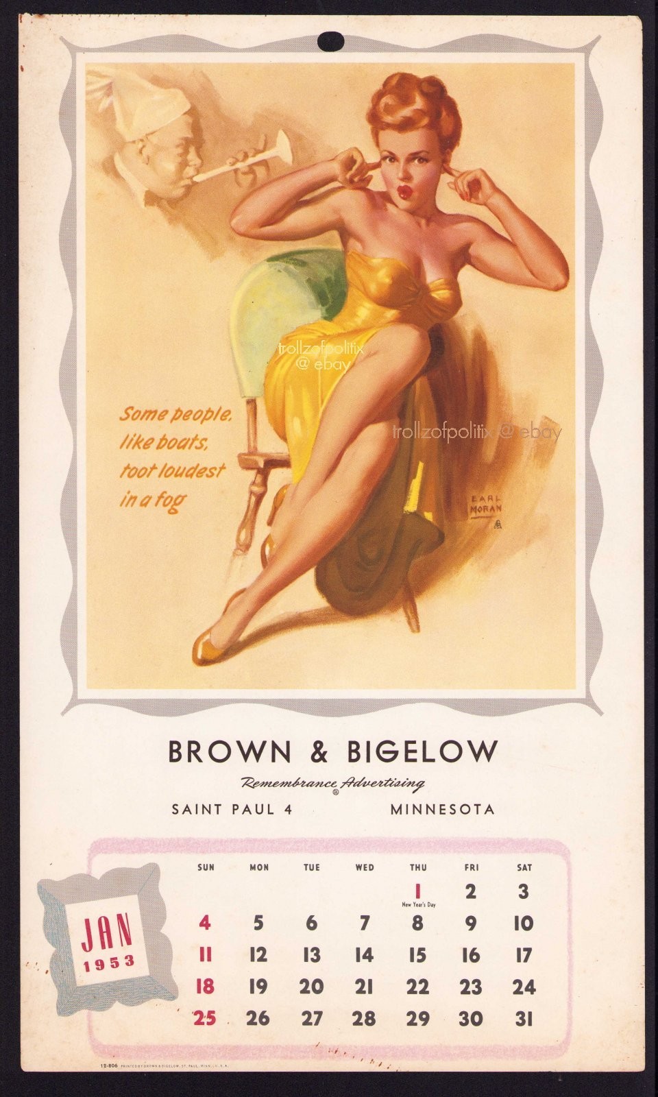😮 VINTAGE MARILYN MONROE 1953 PINUP GIRL CALENDAR PAGE POSTER EARL MORAN ART 😮