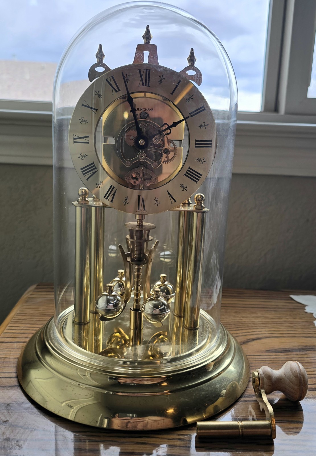 Vintage Junghans German S Haller 400 Day Anniversy Clock Brass/Glass Dome/Crank