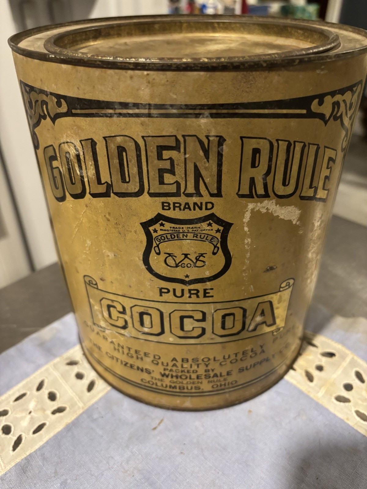 Vintage Golden Rule Cocoa Round Tin Can 5 Pounds Yellow 8” x 7\ Vintage Golden Rule Cocoa Round Tin Can 5 Pounds Yellow 8” x 7\