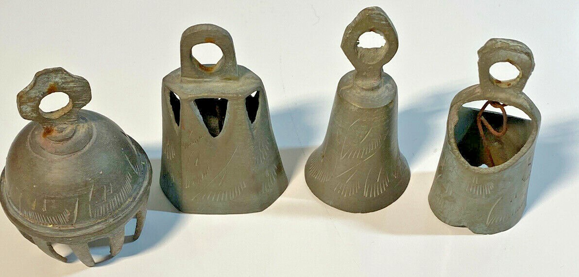 Vintage Engraved Metal Temple Bells – Set of 4 Indian Chimes