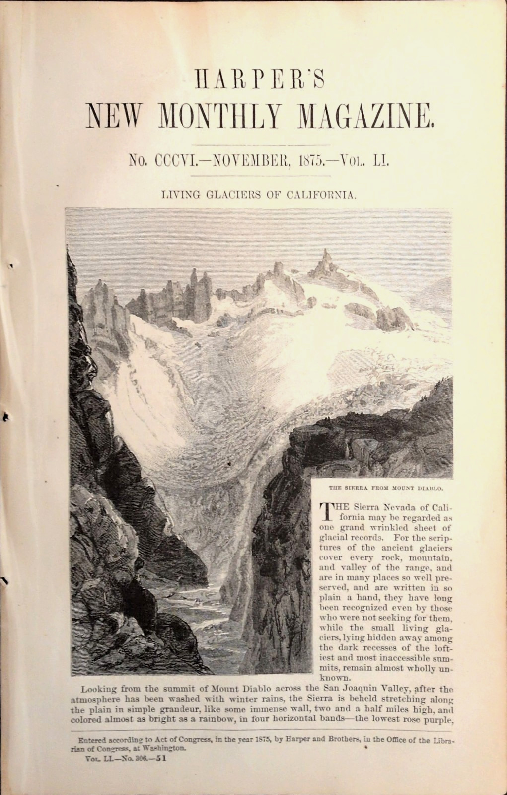 1875 Harper's Magazine California Glaciers Antique Article Illustrated Victorian
