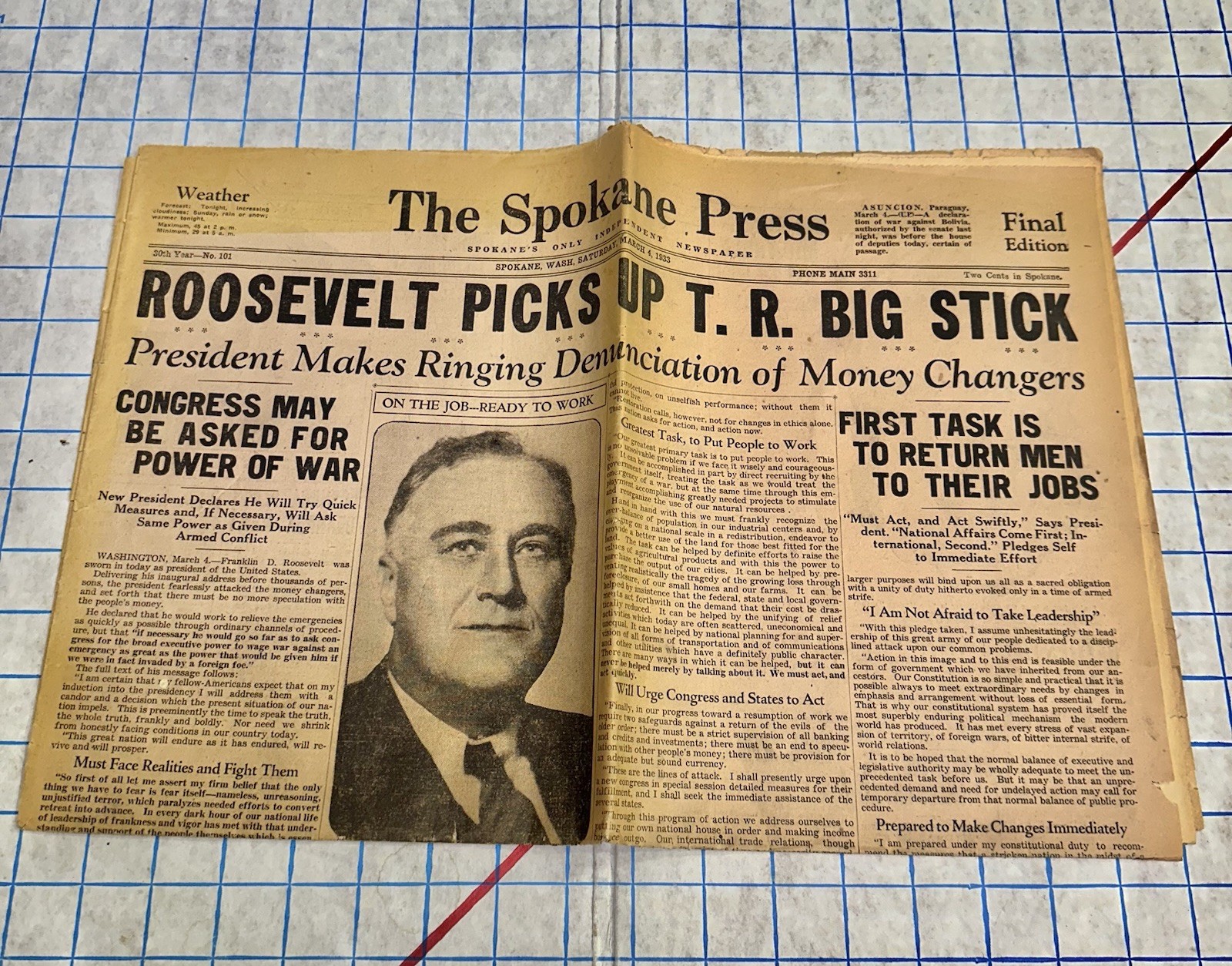 Defunct Spokane Press Newspaper 1933 FRANKLIN D ROOSEVELT Big Stick Policy Teddy Defunct Spokane Press Newspaper 1933 FRANKLIN D ROOSEVELT Big Stick Policy Teddy