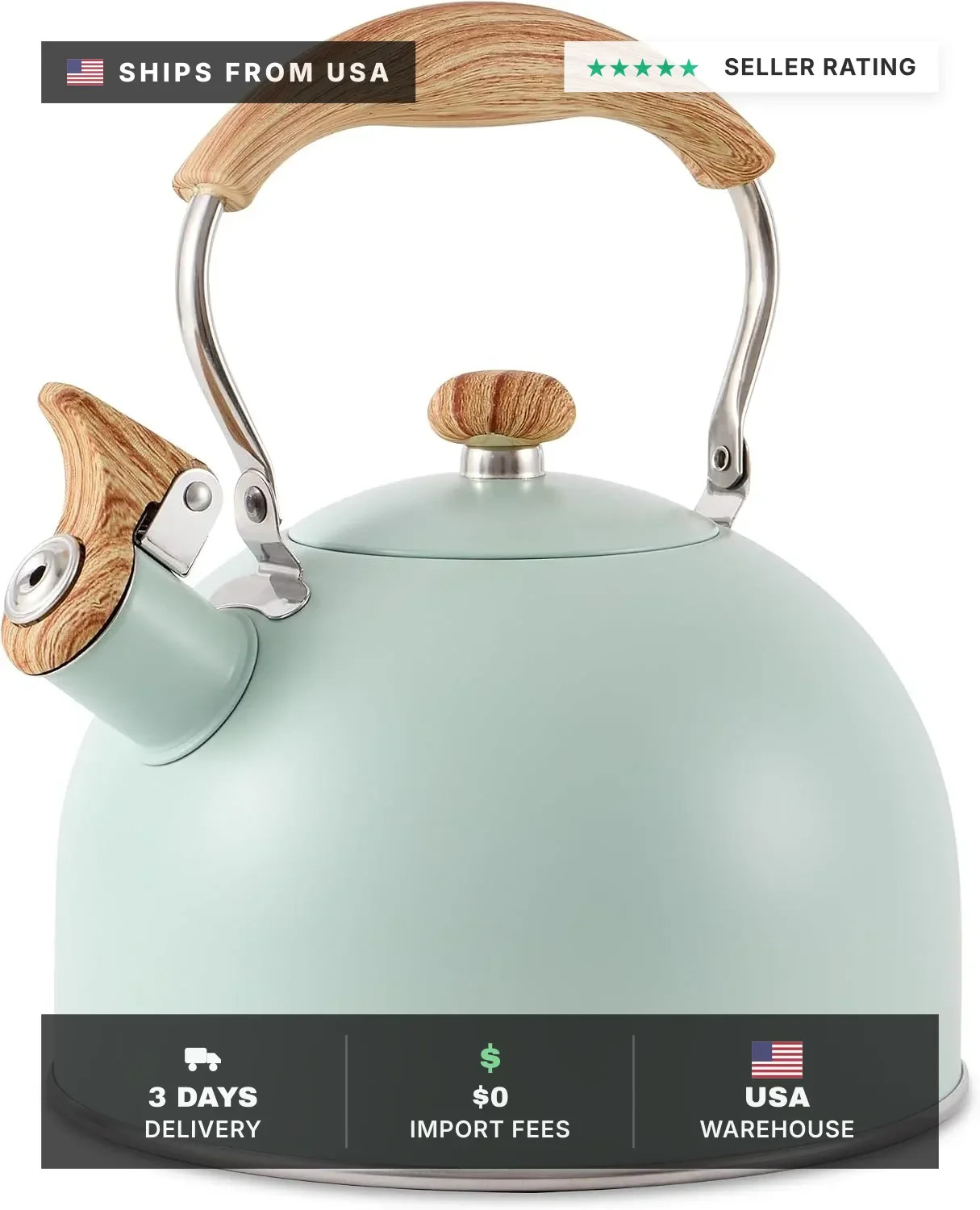 Tea Kettle for Stove Top, 2.6 Quart Whistling Tea Kettle, Stainless Steel and Wo