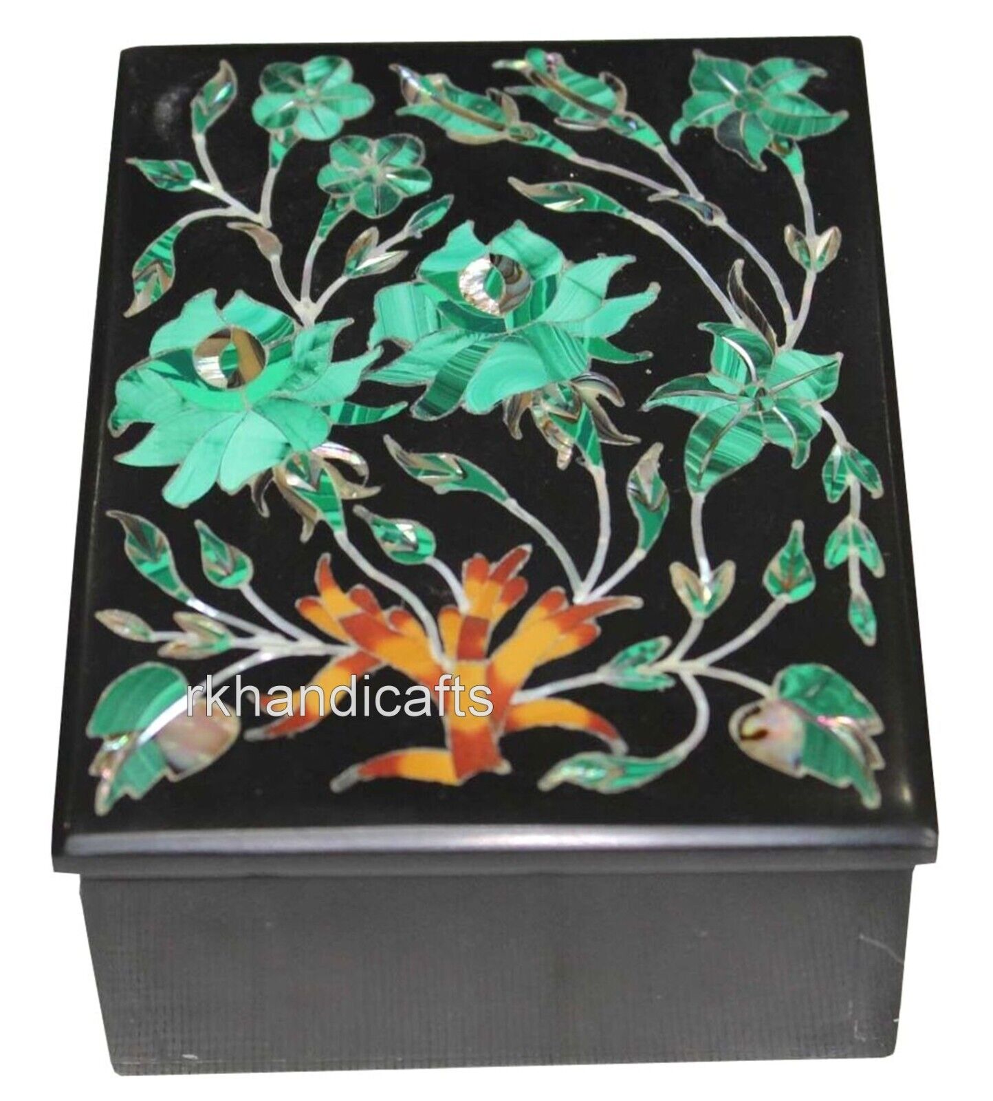 6 x 4 Inches Black Marble Jewelry Box Inlaid with Floral Pattern Multiuse Box