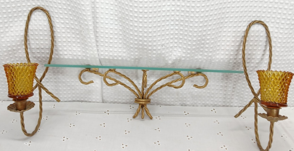PR VTG GOLD TWISTED ROPE WALL SCONCE CANDLE HOLDERS & GLASS SHELF PR VTG GOLD TWISTED ROPE WALL SCONCE CANDLE HOLDERS & GLASS SHELF