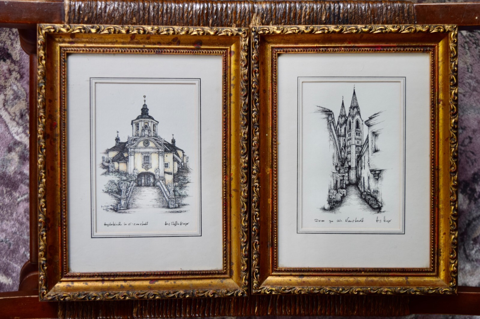 2 Vintage Framed Austria Churches Architectural Sketches Prints #8737