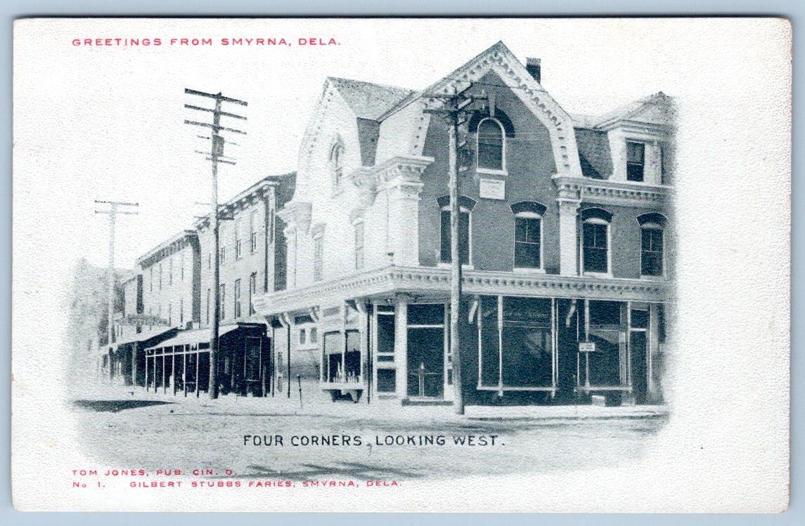 Pre-1907 GREETINGS FROM SMYRNA DELAWARE FOUR CORNERS LOOKING WEST POSTCARD