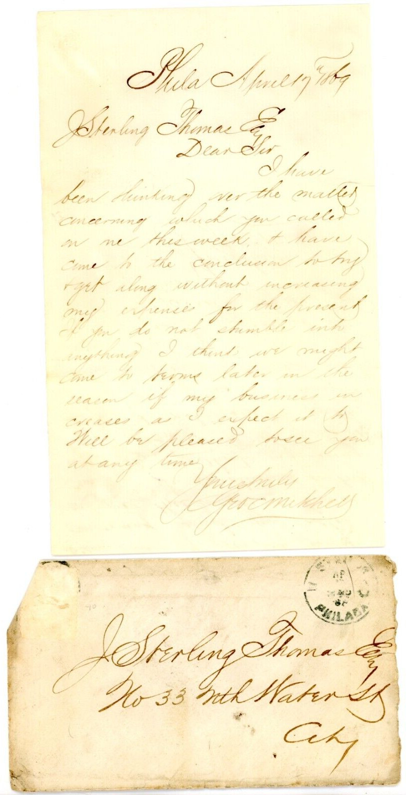 1869 Handwritten Letter J Sterling THomas Esq Envelope Water St. Philadelphia PA 1869 Handwritten Letter J Sterling THomas Esq Envelope Water St. Philadelphia PA