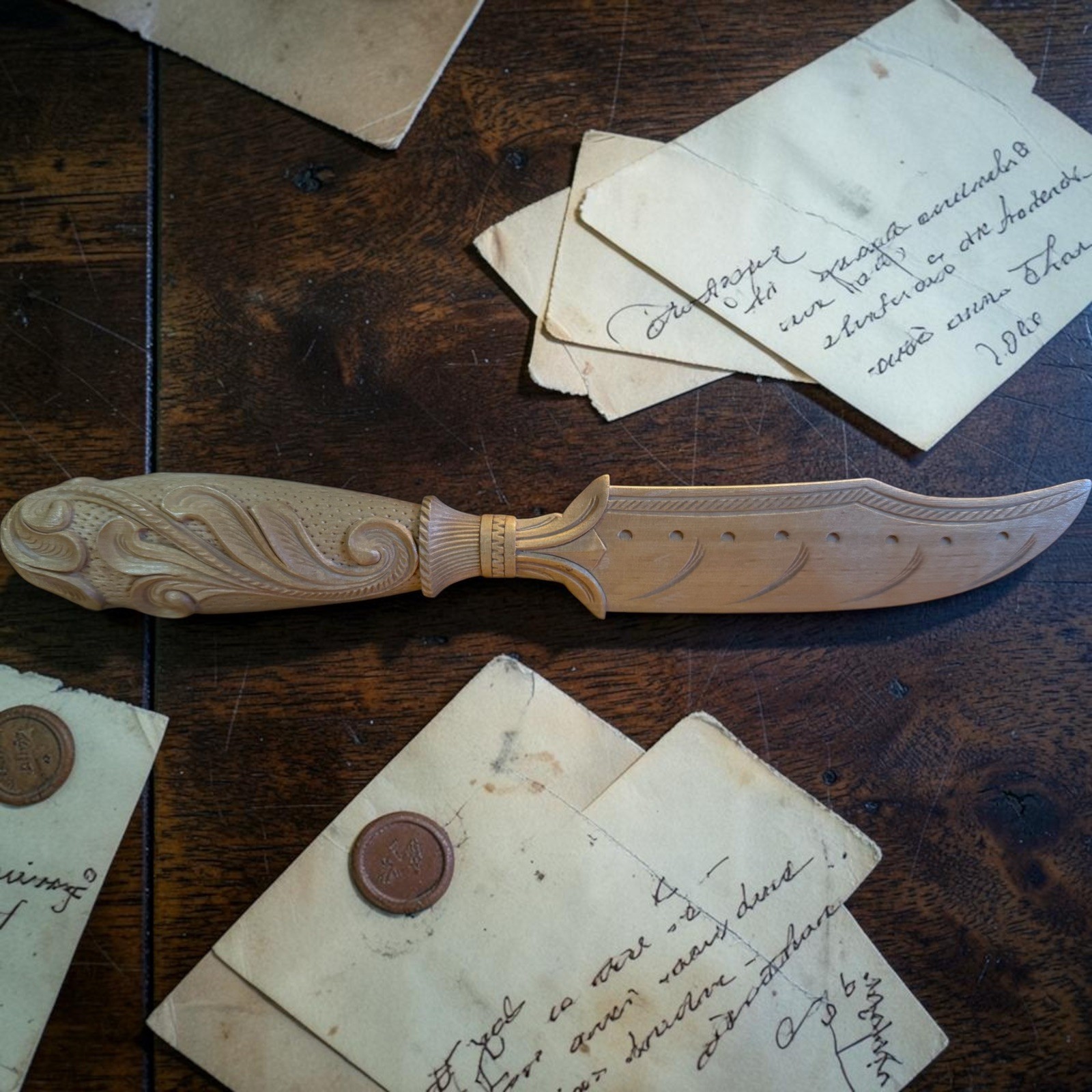 Vintage LETTER OPENER Ornate Hand Carved Wooden Decorative 10\