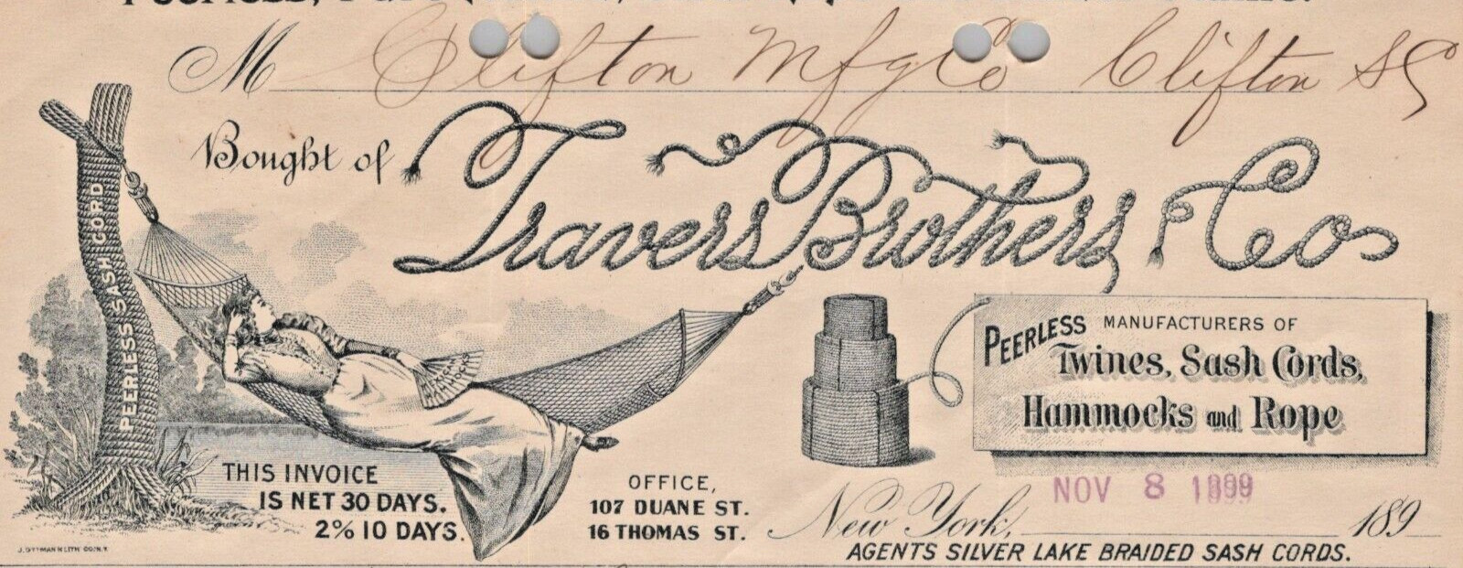 Hammocks & Ropes Invoice Letterhead Antique 1899 A9E Hammocks & Ropes Invoice Letterhead Antique 1899 A9E