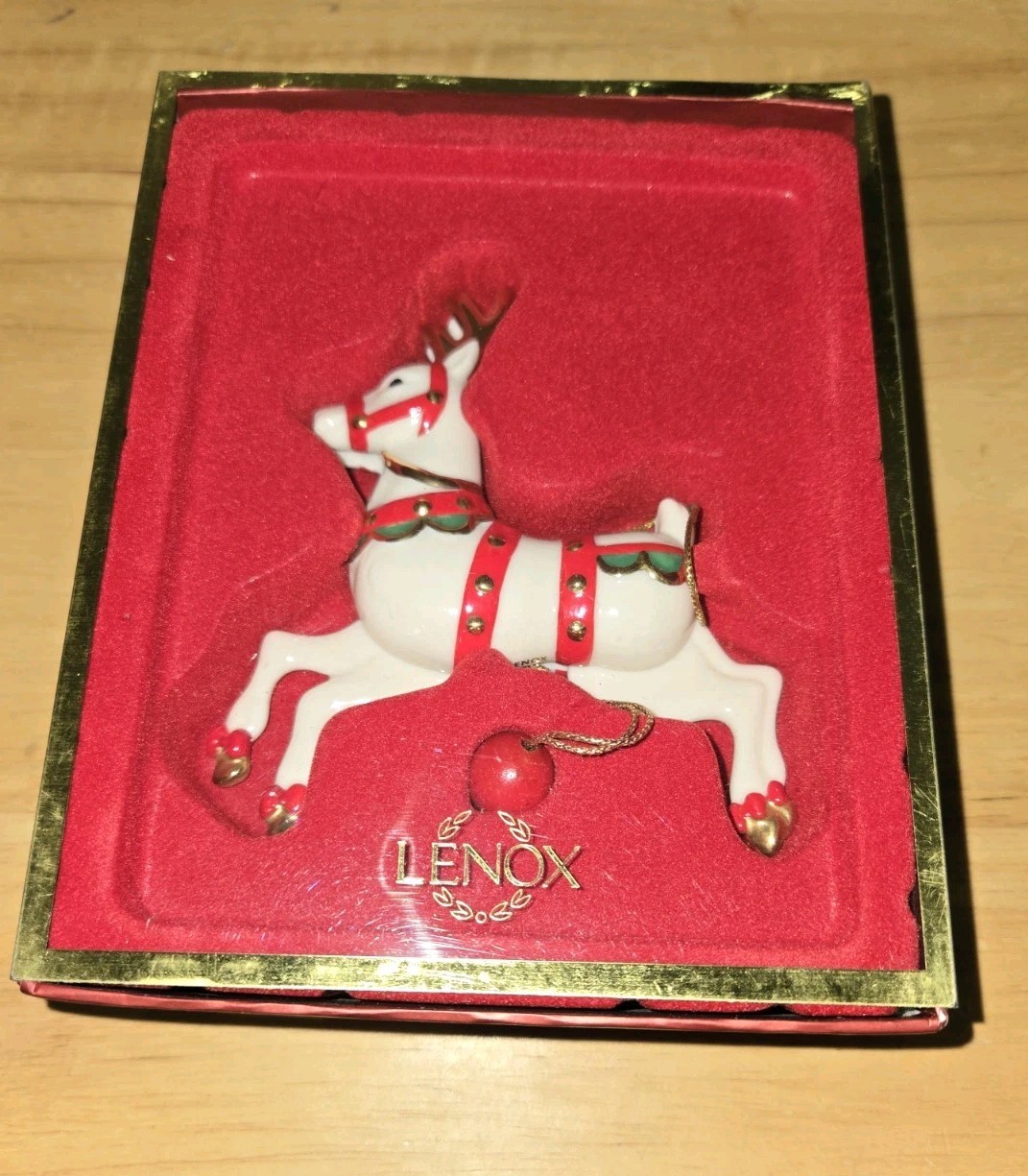 Lenox Movers and Shakers Reindeer Pull Toy Christmas Ornament New In Box 