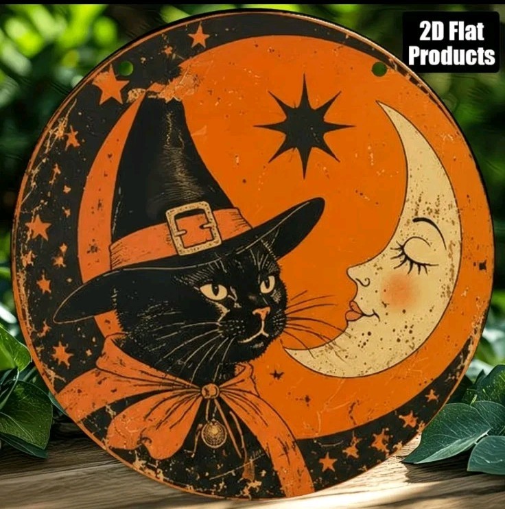 Halloween Black Cat Witch Moon Round  Sign Retro Holiday Gift