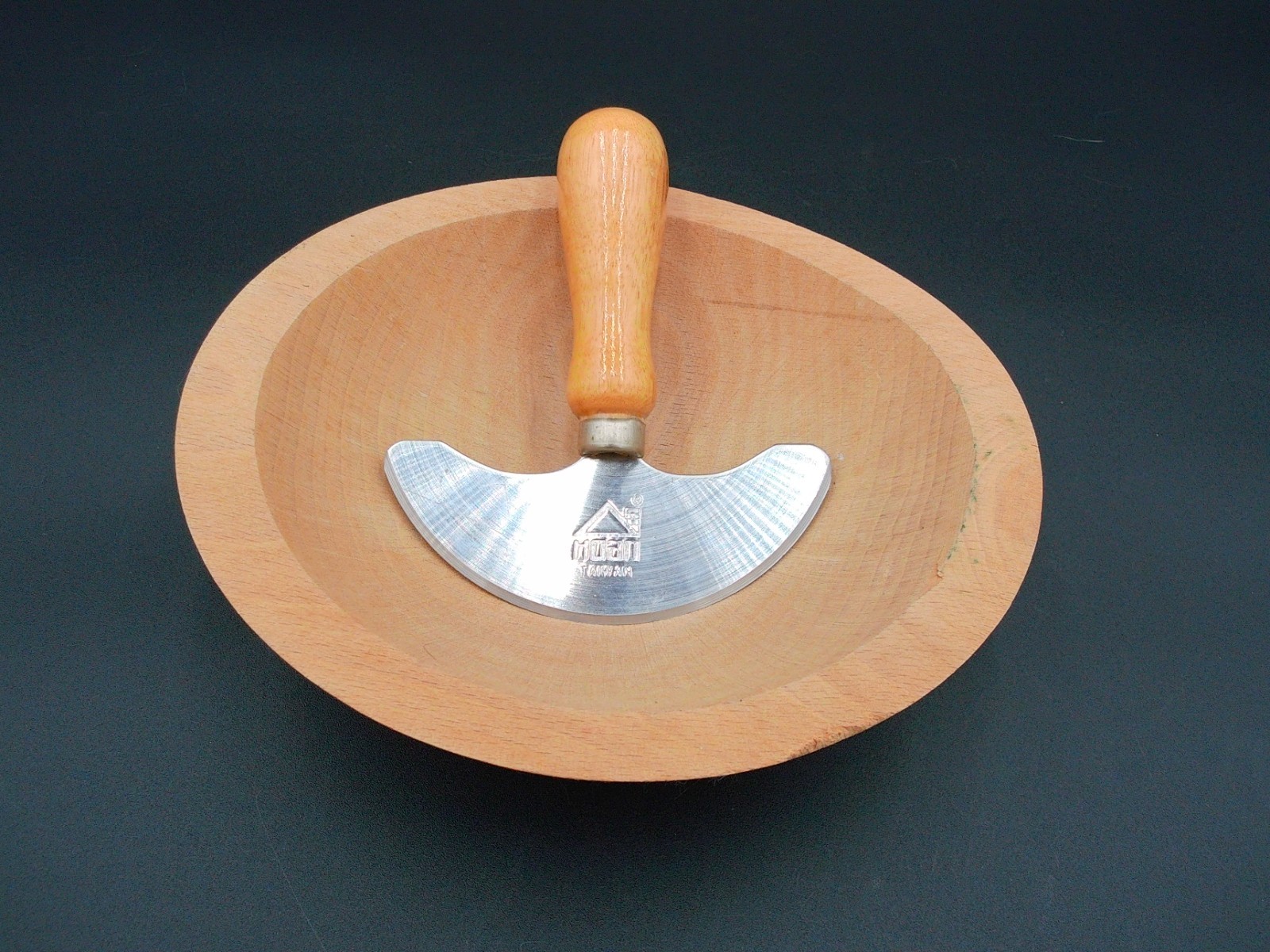 Vintage Hoan Taiwan Herb Chopping Knife and Wood Bowl Set Vintage Hoan Taiwan Herb Chopping Knife and Wood Bowl Set