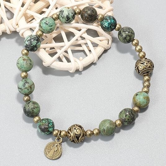 Africa Jasper Stone Beads Rosary Bracelet Catholic St. Benedict Wrist Jewelry