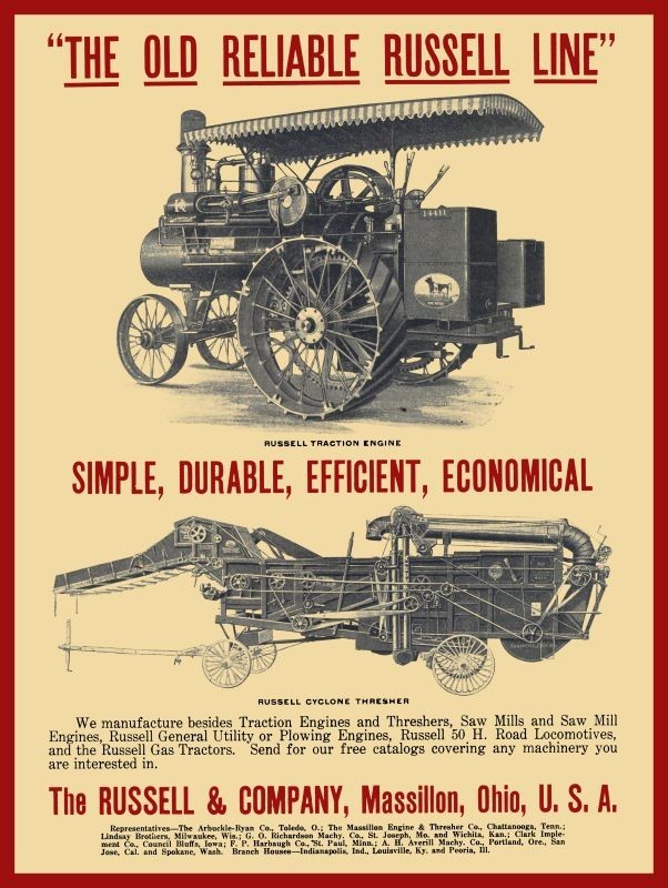 1911 Russel & Co. Massillon OhiO Steam Tractors, Threshers NEW METAL SIGN: 9x12\