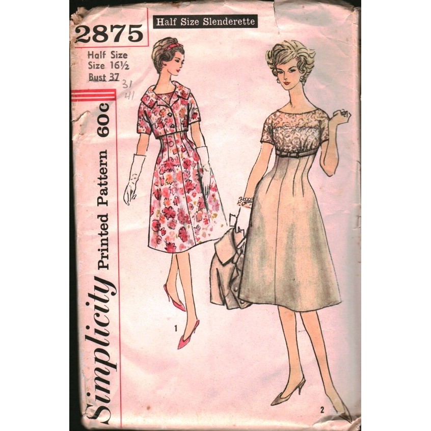 Vintage Simplicity 2875 Sewing Pattern Dress and Jacket Half Size 16.5 Bust 37 Vintage Simplicity 2875 Sewing Pattern Dress and Jacket Half Size 16.5 Bust 37