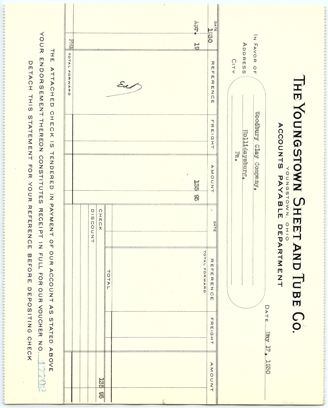 Youngstown Sheet & Tube Co. Billhead to Woodbury Clay Co. 19