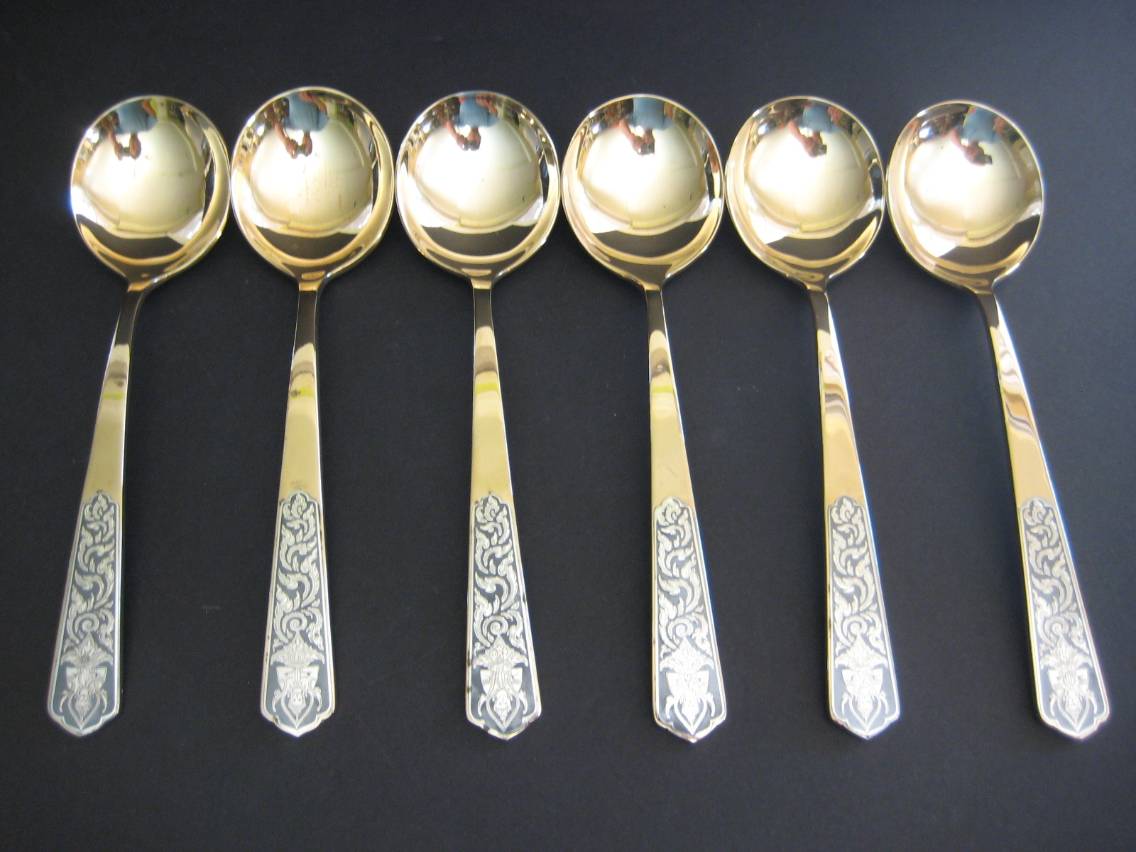 Vtg Set Of 6 Amfarco Siam Sterling Silver Inlaid Buddha Brass Spoons, 7 1/2\ Vtg Set Of 6 Amfarco Siam Sterling Silver Inlaid Buddha Brass Spoons, 7 1/2\