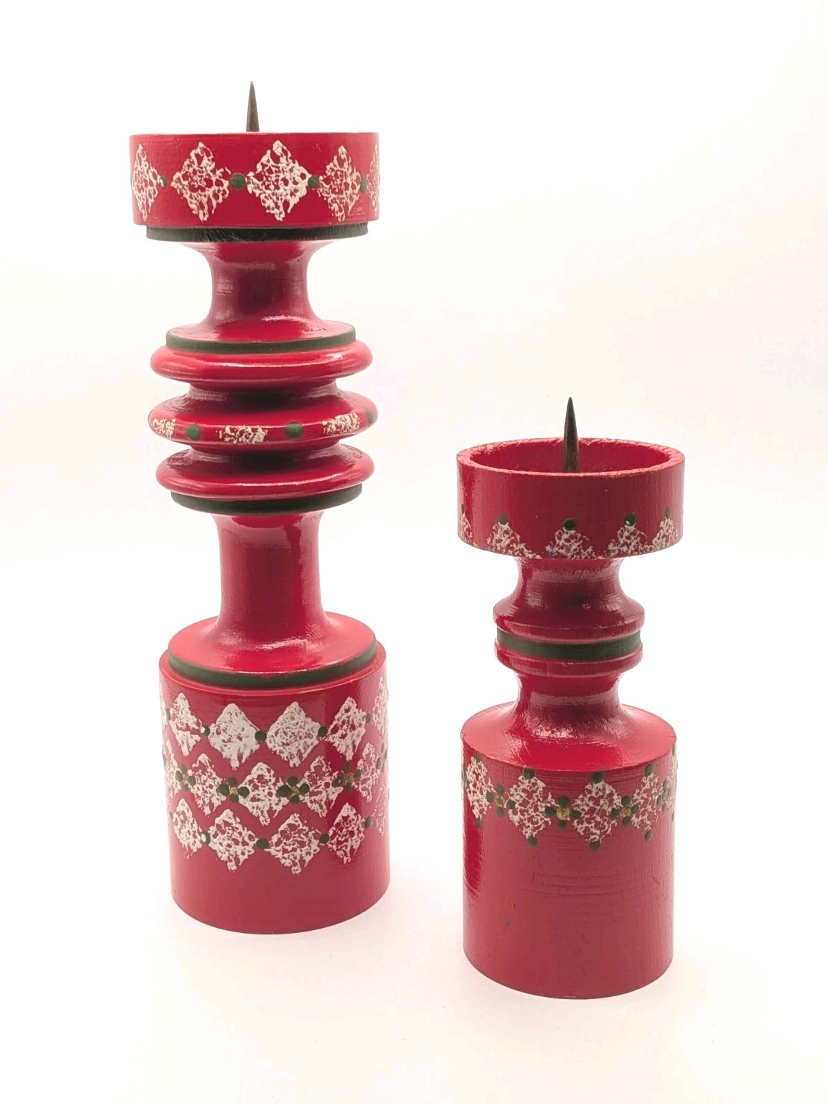 Vtg Hand Painted Swedish Folk Art Wood Candle Holders~Christmas Red~Brass Spikes