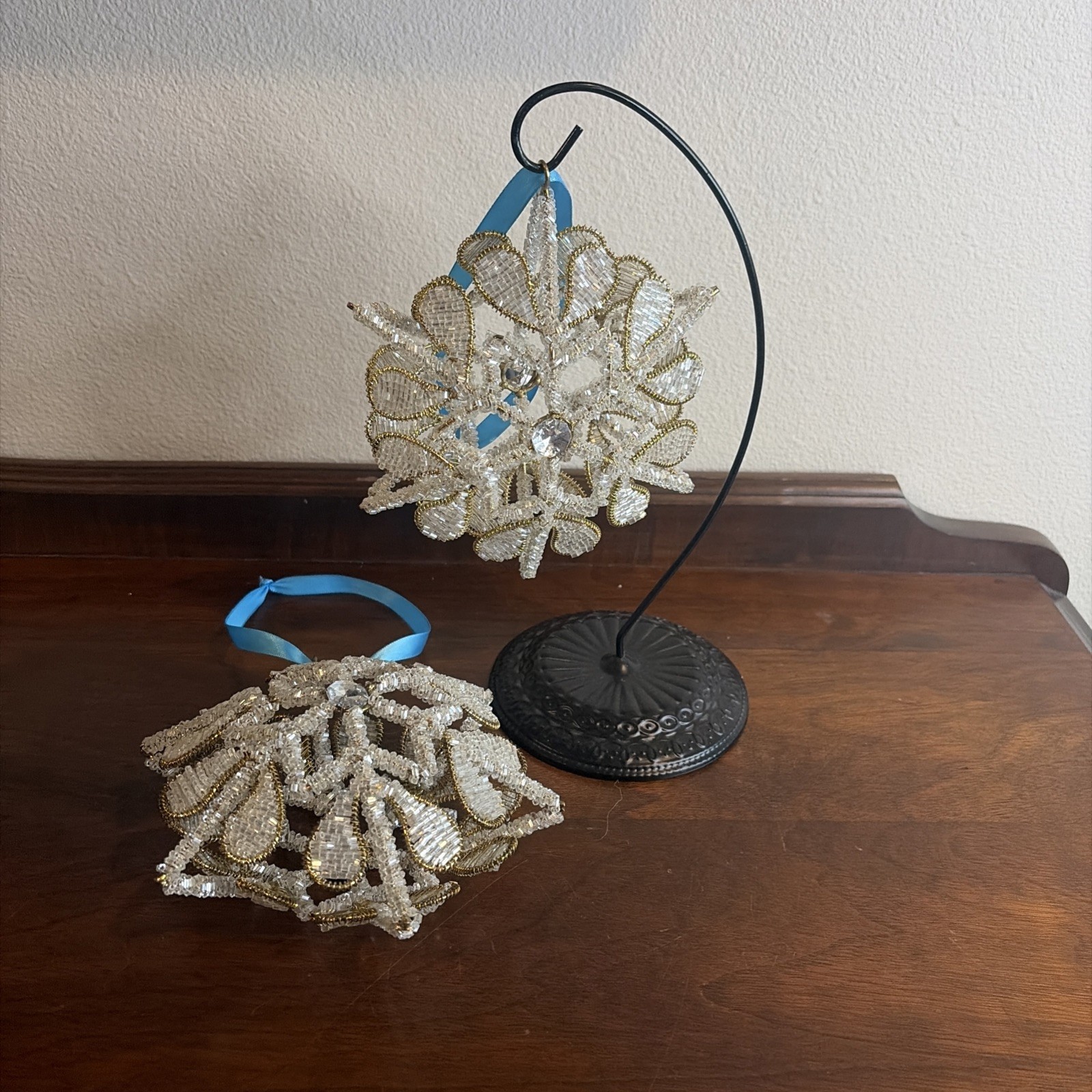 VTG White And Gold Beaded Puffed Snowflake Ornament 5x5 Set Of 2