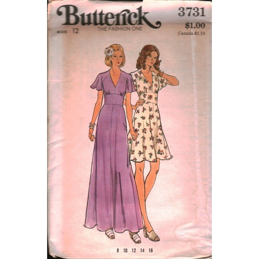 Vintage Butterick 3731 Misses Dress Sewing Pattern Size 12 V-Neck Maxi Short 70s
