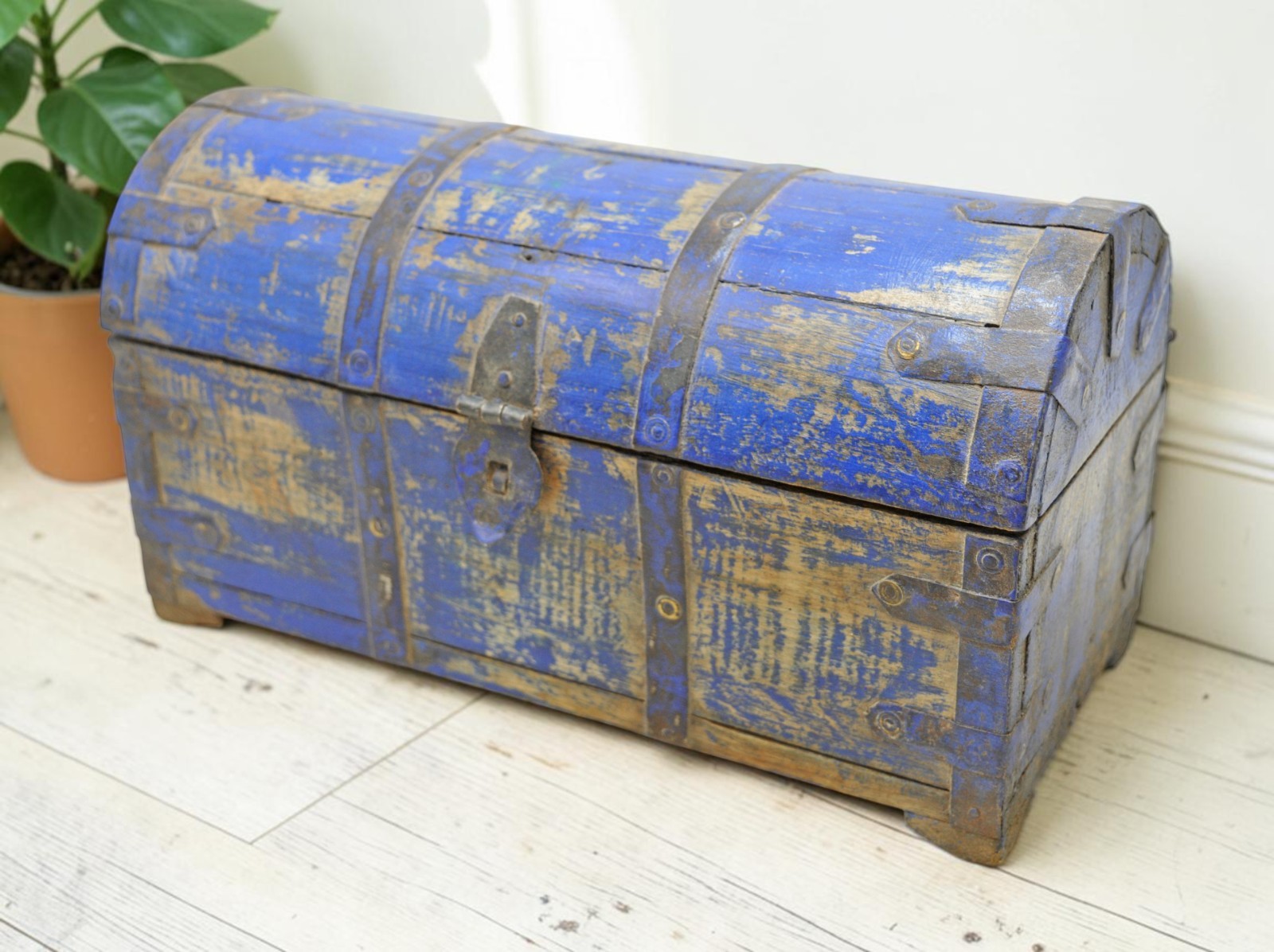 Vintage Wooden Half Round Storage Box Original Old Hand Crafted Rustic Blue