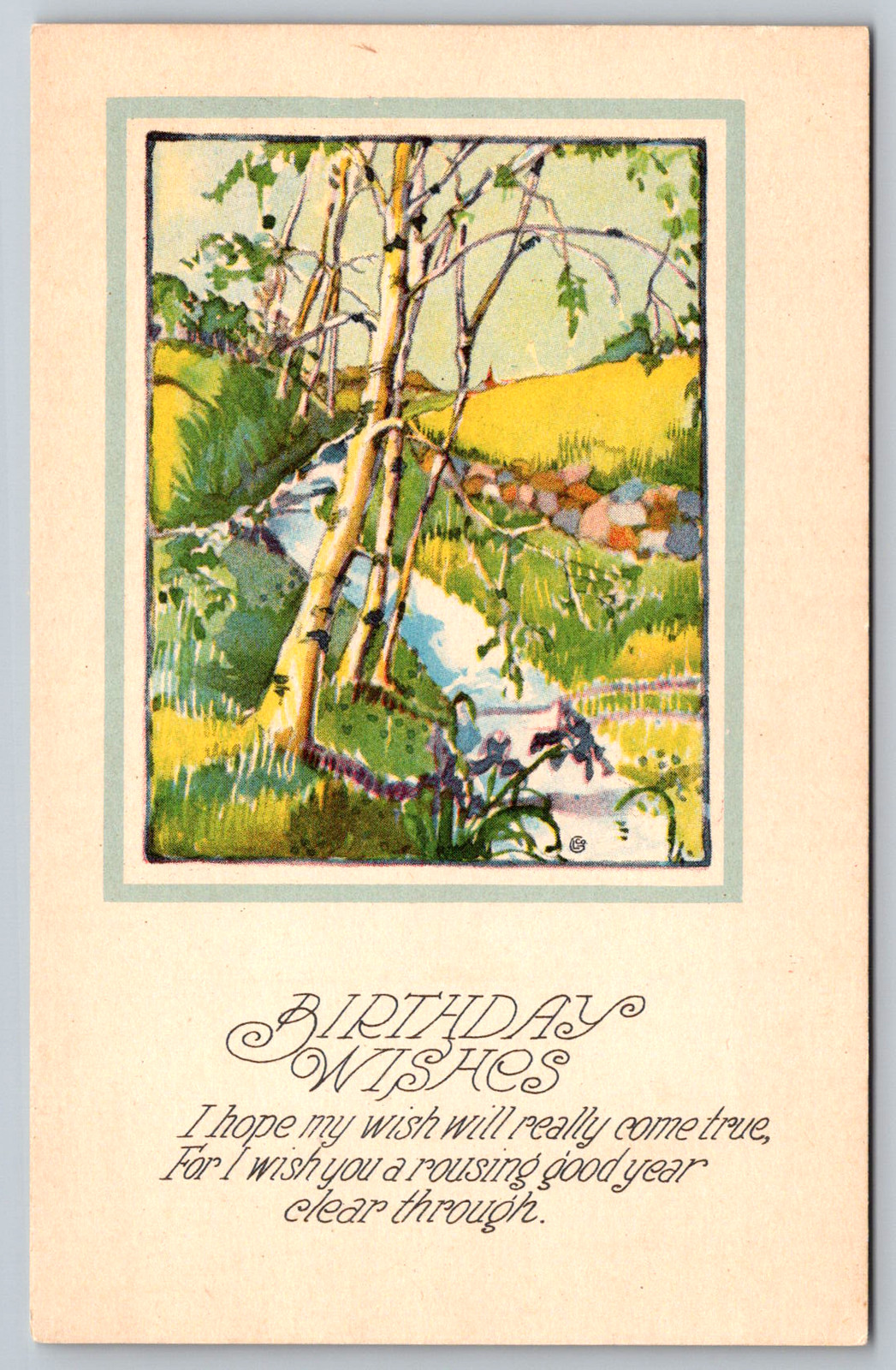 c1910s Birthday Wishes Stream Landscape LG Co Series 601 B Antique Postcard