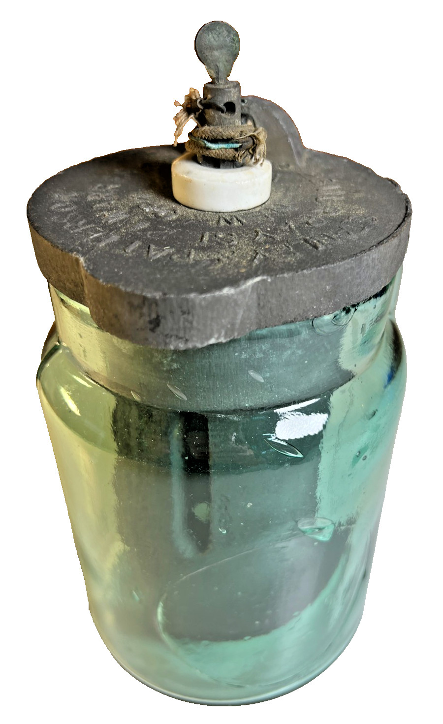 Antique Stanley Patterson Wet Cell Battery Teal Glass Carbon Porcelain 1920s
