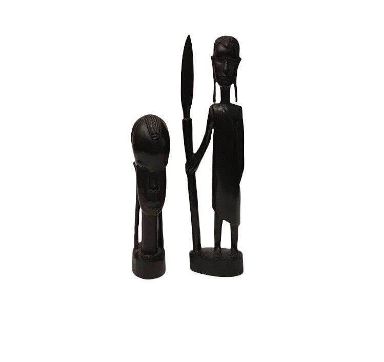 African Iron Wood Tribal Carved Figures Man With Spear And Bust