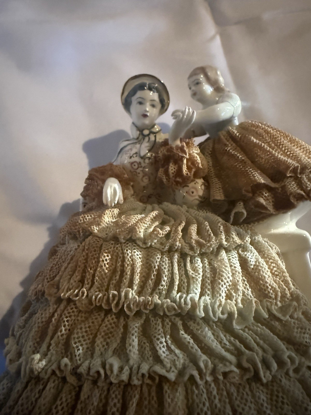 Vintage California Dresden by Avis Porcelain Lace Figurine Lady & Child