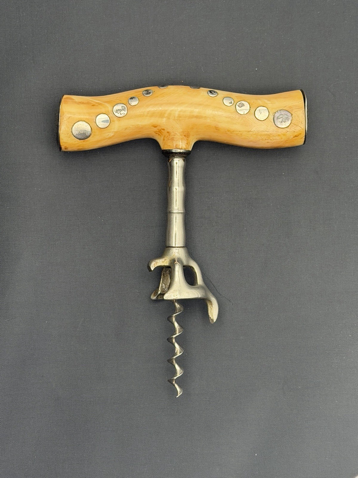 Stunning Antique Bold Silver Dot Inlay Polished Handke Corkscrew Folk Art