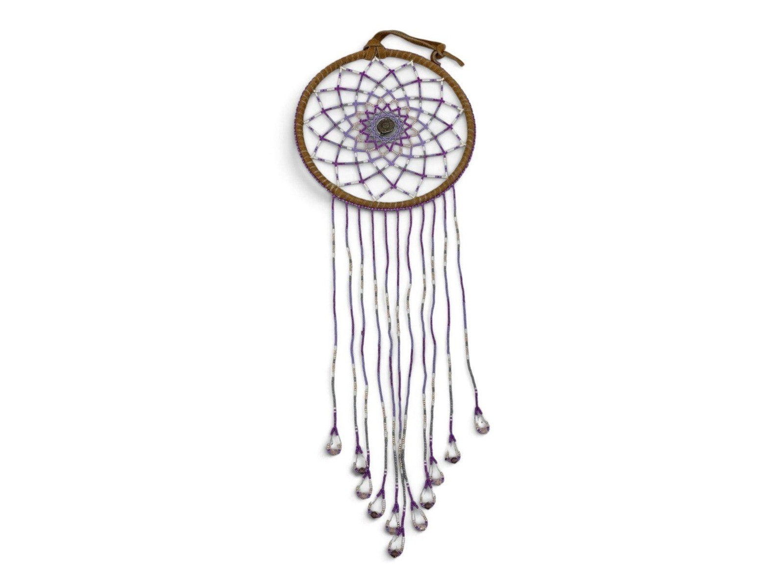 Vtg Alaska Purple White Beaded Dream Catcher Dangles Wall Window Hanging