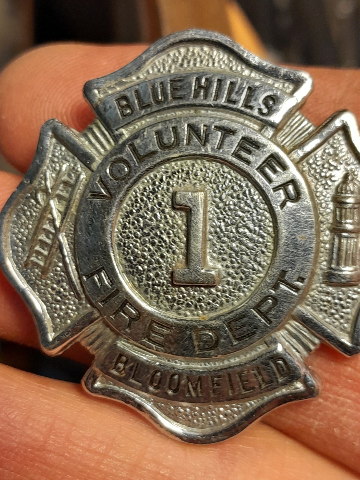 Blue Hills Volunteer Fire Dept Bloomfield Maltese Cross Pinback Badge #1
