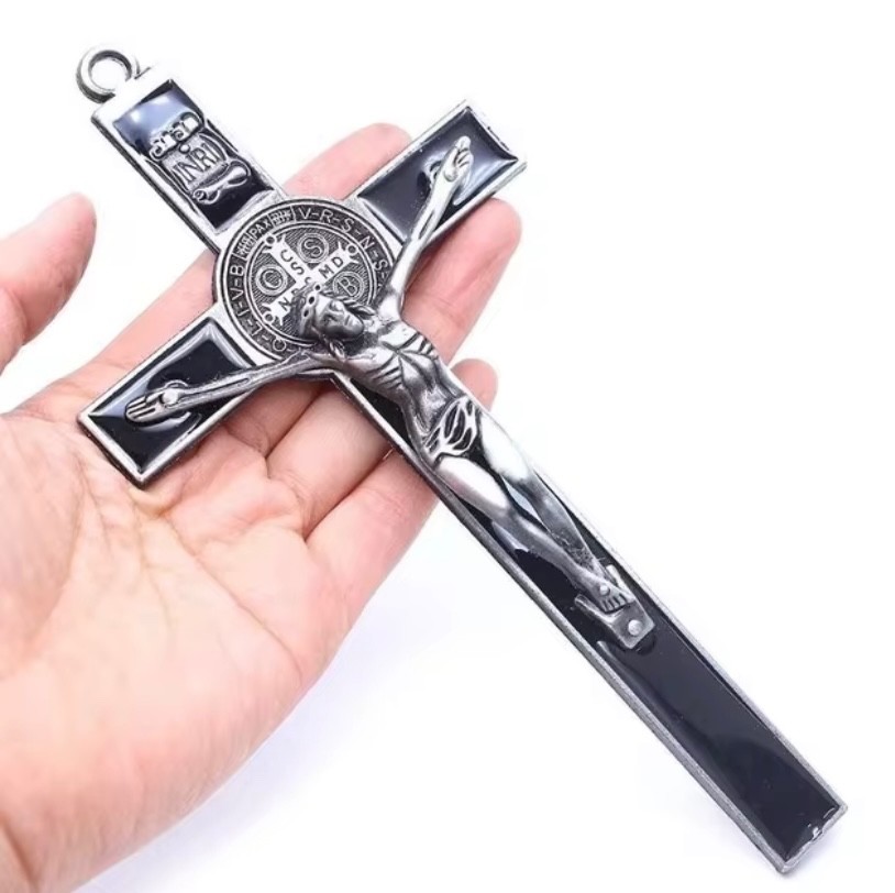 St Benedict Black Silver Enamel Wall 7.5” Cross Crucifix Catholic Crucifijo Cruz